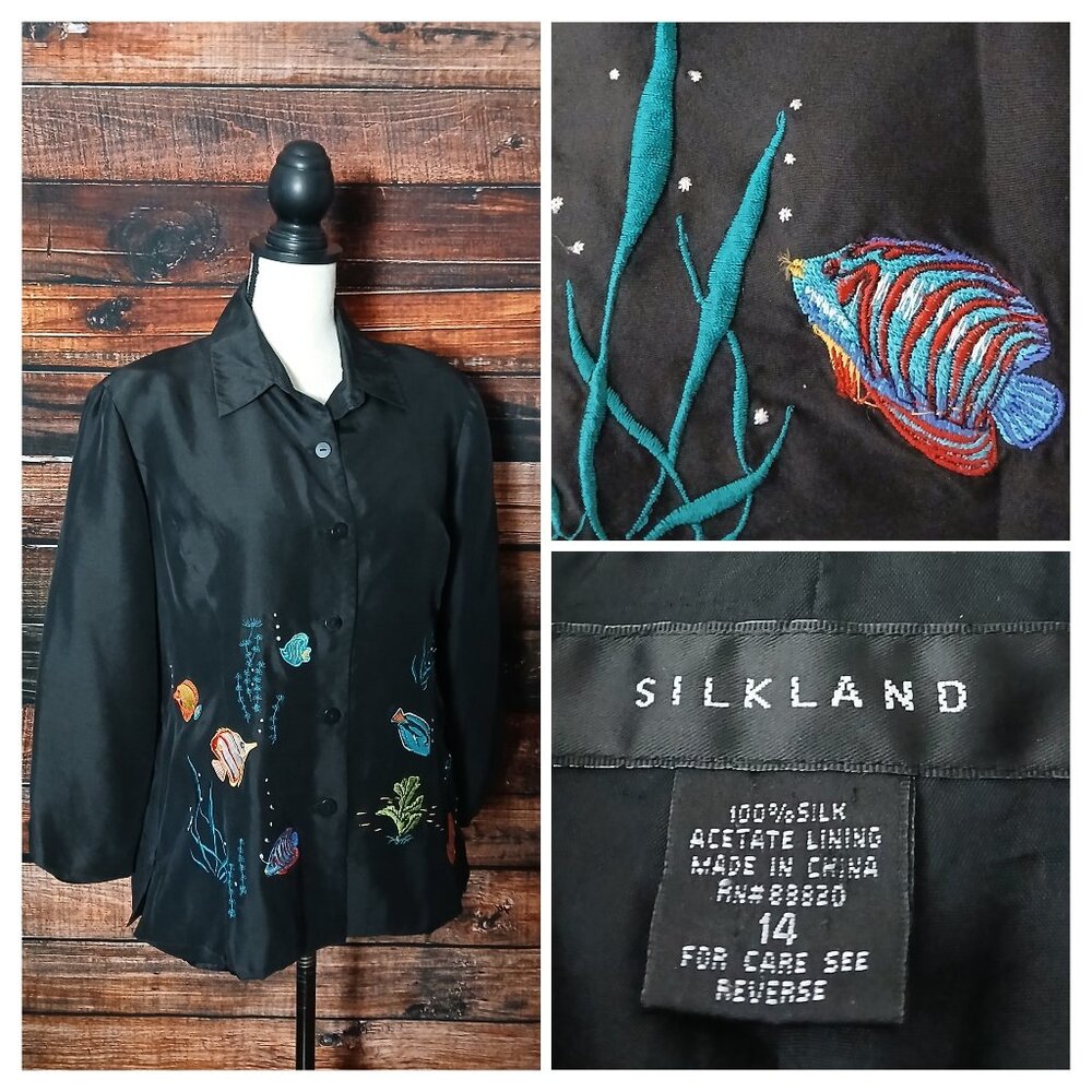 Silkland Blouse Top 14 Black 100% Silk Embroidered Tropical Fish 3/4 Sleeve